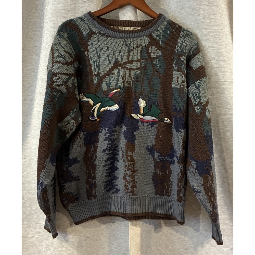 Vtg 90s Big Bear Sweater Men's Large Duck Hunting Crewneck